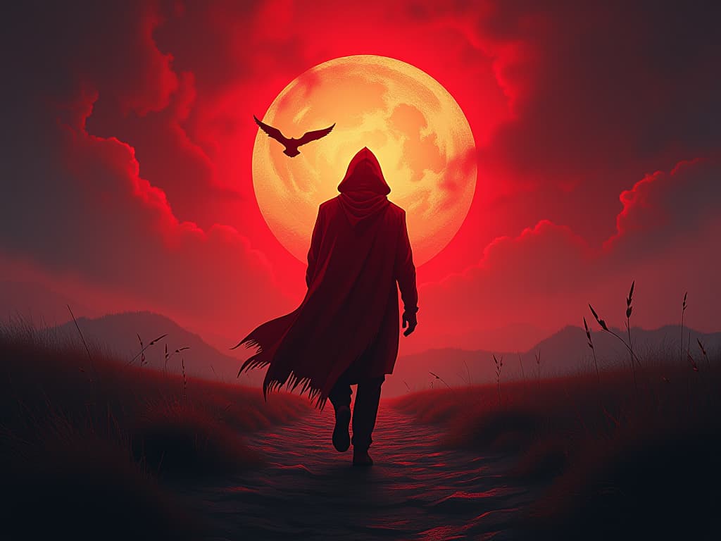  red cloaked figure walking towards bright horizon, aura of hope and transformation. the style is digital art illustration / modern comic book / graphic dark novel fantasy and mysterious occult, symbolic, moody lighting, esoteric vibe,high detail on character design. for the color scheme emphasize blacks and reds.