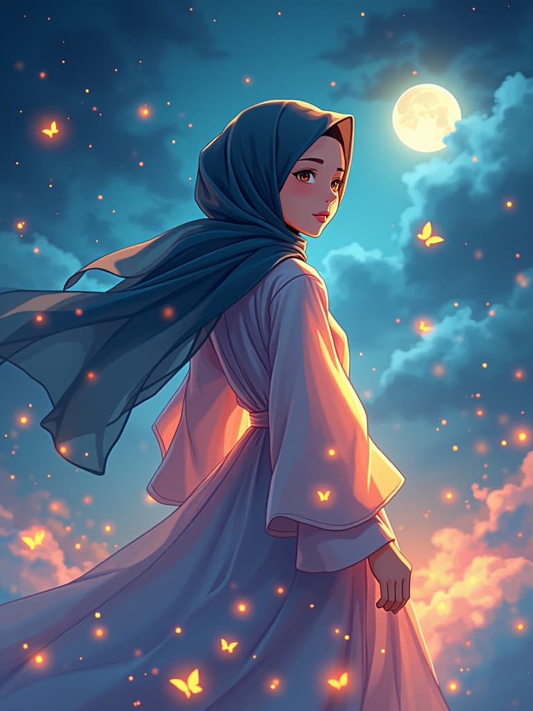  a portrait of a cute hijab girl, anime, luminous dress , wind, sky, clouds, the moon, moonlight, stars, universe, fireflies, butterflies, lights, lens flares effects, swirly bokeh, brush effect, concept art,in style of yoji shinkawa, jackson pollock, wojtek fus, by makoto shinkai, celestial, amazing, astonishing, wonderful, beautiful, highly detailed, centered firooze hyperrealistic, full body, detailed clothing, highly detailed, cinematic lighting, stunningly beautiful, intricate, sharp focus, f/1. 8, 85mm, (centered image composition), (professionally color graded), ((bright soft diffused light)), volumetric fog, trending on instagram, trending on tumblr, HDR 4K, 8K