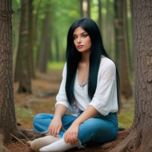 A 12 , straight black hair, of Ukrainian origin.. sitting with her open in a forest