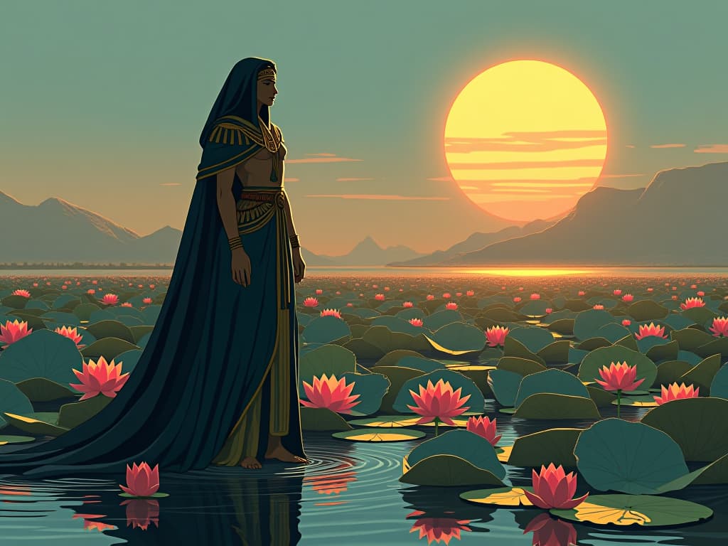  a tranquil scene of lotuses blooming on the nile river, reflecting clarity and serenity, symbolizing gaining clarity amidst isolation. the style is digital art illustration / modern comic book / mysterious occult, symbolic, esoteric vibe,high detail on character design, incorporating ancient egyptian symbology and attire.