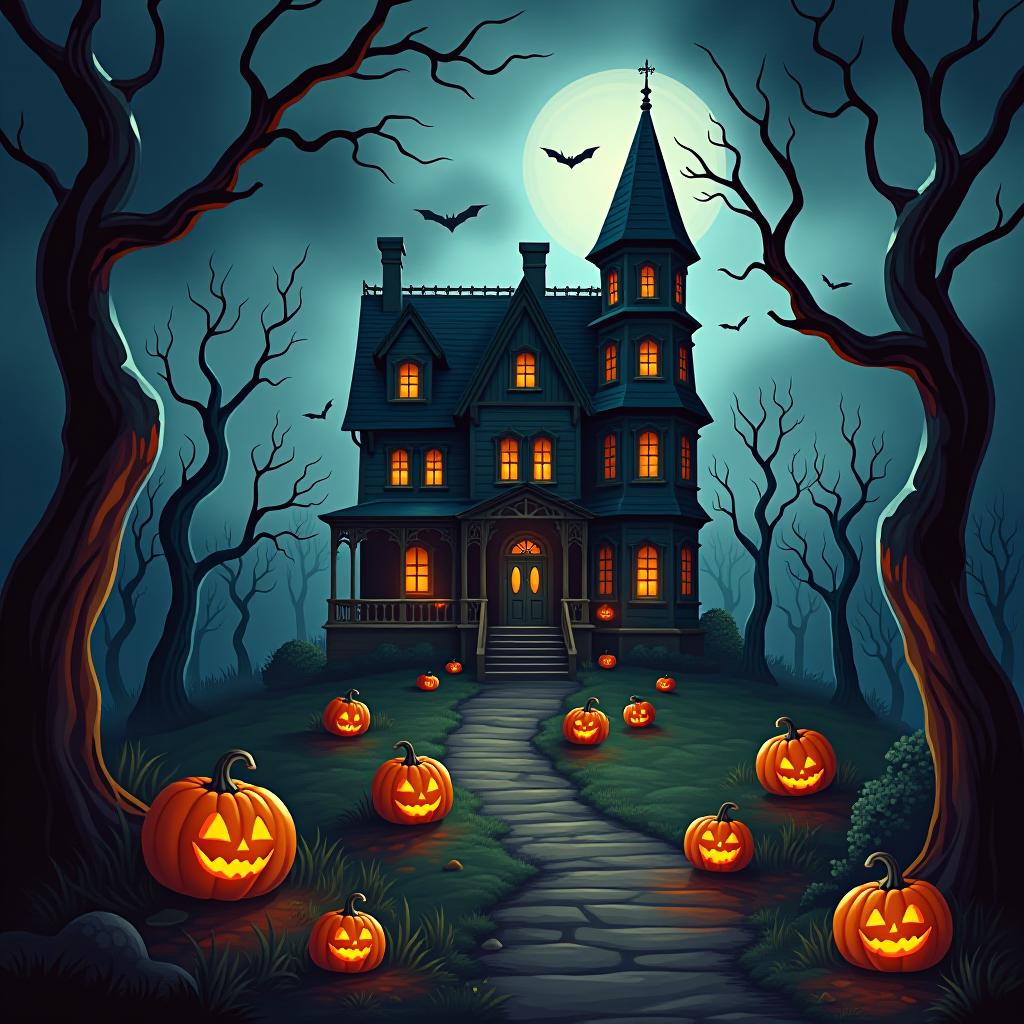  create a seamless digital painting of a spooky, halloween themed scene featuring a haunted house with gothic architecture. the house should be surrounded by twisted, gnarled trees and a multitude of jack o' lanterns. the scene should include a dark, cloudy sky to enhance the eerie atmosphere. the overall style should be detailed and atmospheric, capturing the essence of a haunted, creepy environment perfect for halloween, ensuring the design is seamless for use in repeating patterns or wraps.