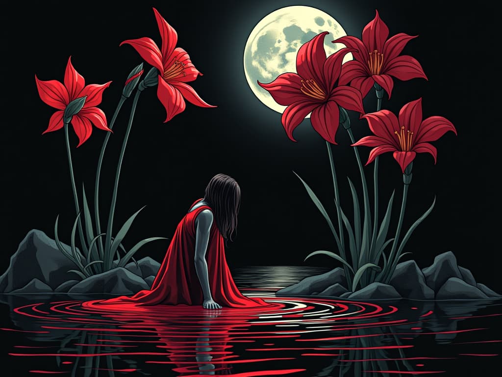  narcissus, figure in red, falling into dark, reflective pool, twisted expression of realization, moon casting eerie light. the style is digital art illustration / modern comic book / graphic dark novel fantasy and mysterious occult, symbolic, moody lighting, esoteric vibe,high detail on character design. for the color scheme emphasize blacks and reds.