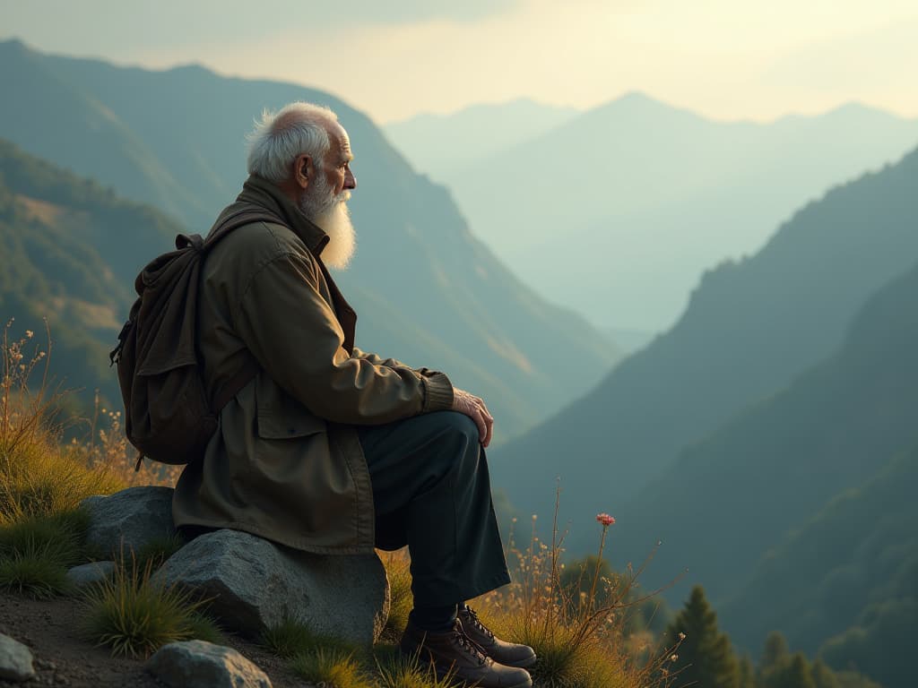  old man sitting at the bank of a hill and watching beauty of nature hyperrealistic, full body, detailed clothing, highly detailed, cinematic lighting, stunningly beautiful, intricate, sharp focus, f/1. 8, 85mm, (centered image composition), (professionally color graded), ((bright soft diffused light)), volumetric fog, trending on instagram, trending on tumblr, HDR 4K, 8K