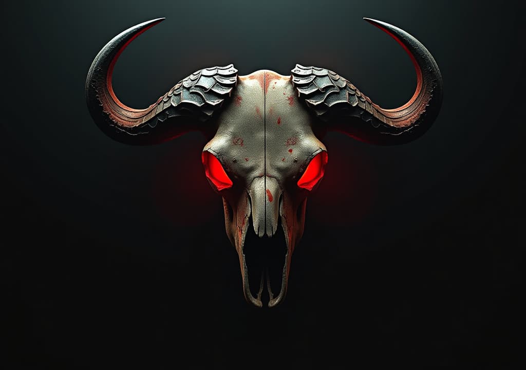  a dark and gritty, street style logo for "kacher", evoking a raw, rock and roll vibe. the design features a vintage, evil buffalo skull with glowing red eyes. the overall aesthetic is bloody, low contrast, and low saturation, with cinematic lighting casting long, dramatic shadows. the typography should be bold, gritty, and slightly distressed, reflecting the rough edges of the design. hyper detail, intricate details, sharp focus, high resolution, 8k, ultra detailed, vib