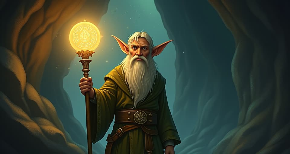  a wise elf with glowing staff standing in a mystical cave. his eyes reveal deep, unshakeable wisdom as the staff's light illuminates ancient runes, symbolizing divine truth, ethereal certainty.. the style is digital art illustration,highly detailed, whimsical,magical, dreamlike atmosphere, realism and fantasy blend, smooth, glossy textures,luminous quality, wonder and enchantment.