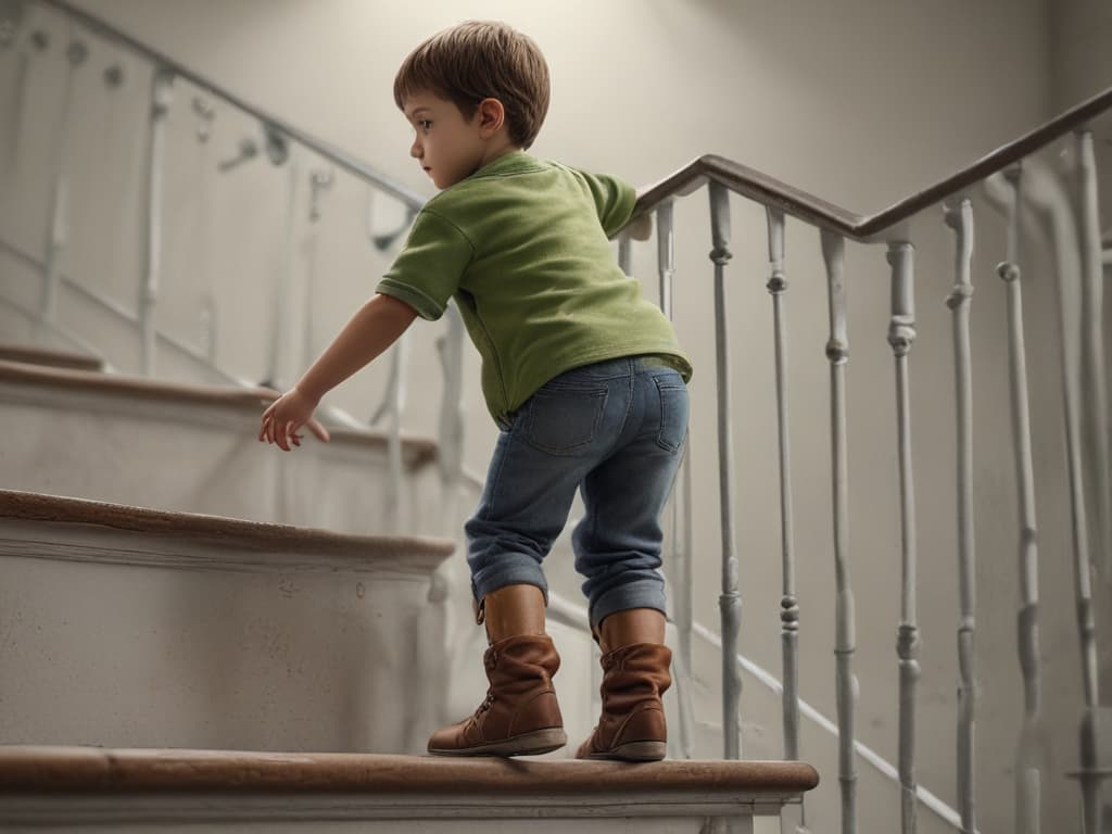 ultra realistic ((ultra realistic ((a child carefully climbing stairs with a hand on the railing)))) hyperrealistic, full body, detailed clothing, highly detailed, cinematic lighting, stunningly beautiful, intricate, sharp focus, f/1. 8, 85mm, (centered image composition), (professionally color graded), ((bright soft diffused light)), volumetric fog, trending on instagram, trending on tumblr, HDR 4K, 8K