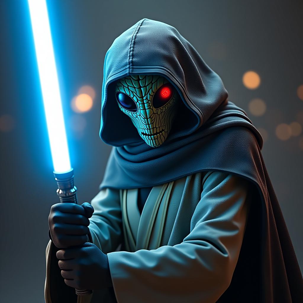  a human with insect face in jedi ropes holding a blue lightsaber, 4k, high details, videogame style q 2