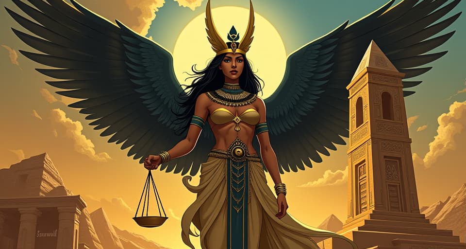  large busted goddess ma'at, with wings, holding scales, standing beside an ancient obelisk, balance, timing. the style is digital art illustration / modern comic book / mysterious occult, symbolic, esoteric vibe,high detail on character design, incorporating ancient egyptian symbology and attire.