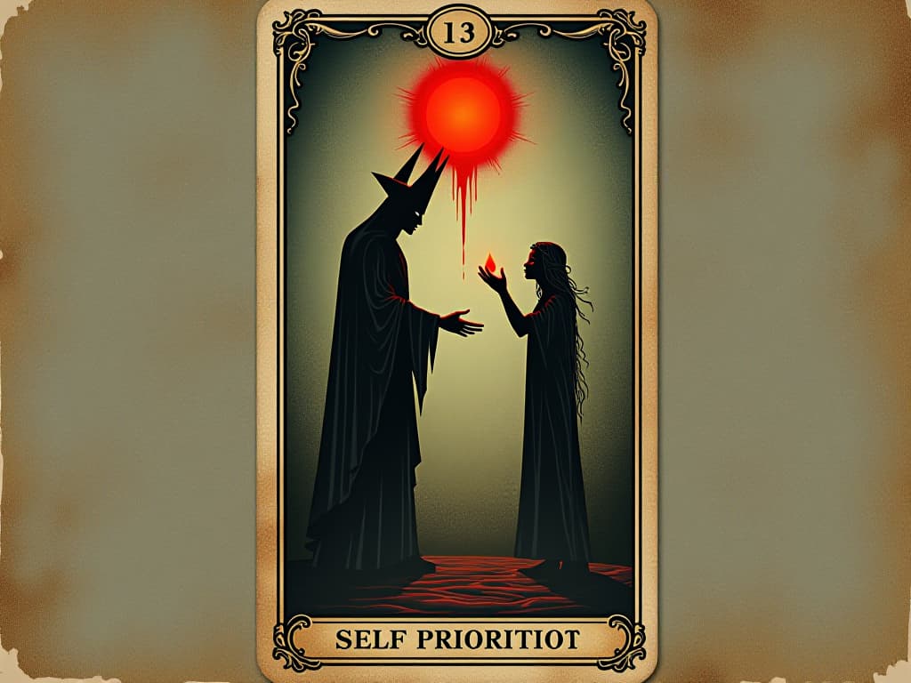  self prioritization, dark figure attempting manipulation, bright figure defending, conflict, inner strength. an illustration in the style of a worn, mystical old tarot trump card, mysterious and elements of surrealism. the colors are muted, somber and eerie, but with contrast bring out an occult and esoteric vibe.