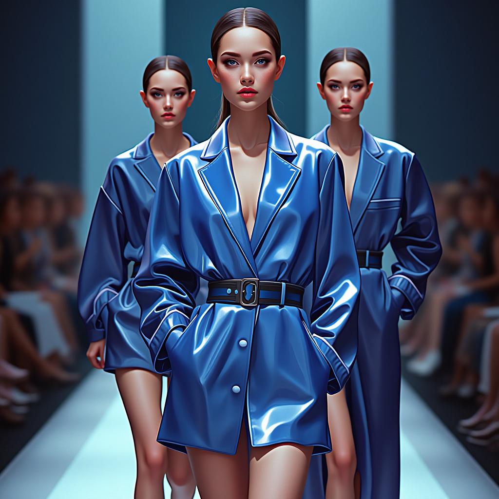  concept art realistic photo of fashion, women wearing shiny dresses of tiffani blue color, bluette,violet, shorts, complete pants jacket, dresses, modern style. different poses as in fashion show. digital artwork, illustrative, painterly, matte painting, highly detailed