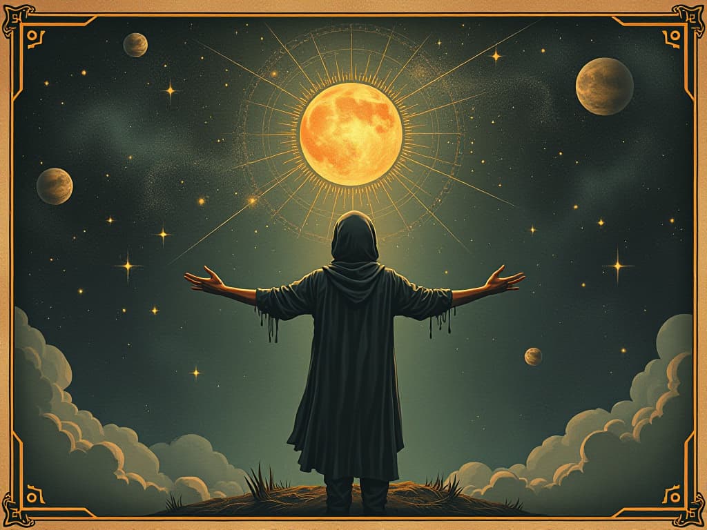  a person with extended arms reaching out to a vast, starry expanse, exploring realms beyond, cosmic journey, boundless exploration. an illustration in the style of a worn, mystical old tarot trump card, mysterious and elements of surrealism. the colors are muted, somber and eerie, but with contrast bring out an occult and esoteric vibe.