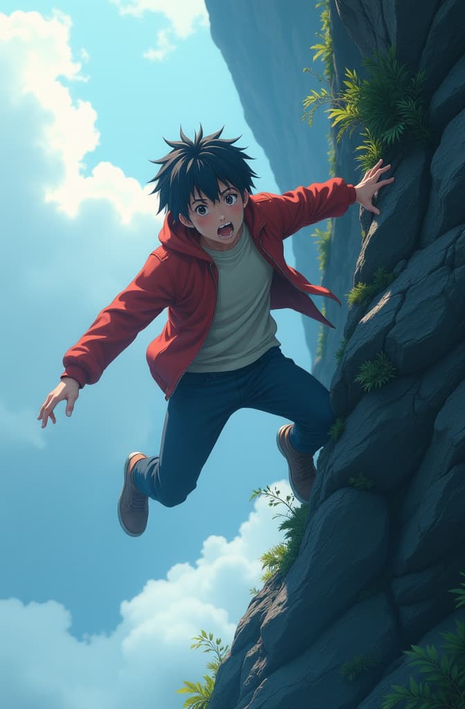  a young man almost falling from the mountain with scary face, anime concept art by hayao miyazaki, featured on pixiv, fantasy art, concept art, official art, high detailed hyperrealistic, full body, detailed clothing, highly detailed, cinematic lighting, stunningly beautiful, intricate, sharp focus, f/1. 8, 85mm, (centered image composition), (professionally color graded), ((bright soft diffused light)), volumetric fog, trending on instagram, trending on tumblr, HDR 4K, 8K