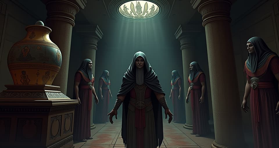  haunted expressions on elders, darkly lit room filled with ancient artifacts, eerie shadows of unknown beasts creeping, atmosphere of deep rooted fear. the style is digital art illustration / modern comic book / mysterious occult, symbolic, esoteric vibe,high detail on character design, incorporating ancient egyptian symbology and attire.