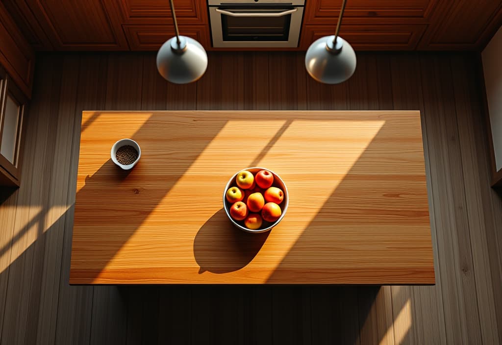  a landscape photo of an overhead view of a rustic kitchen island featuring a warm, honey toned butcher block countertop with a bowl of fresh fruits hyperrealistic, full body, detailed clothing, highly detailed, cinematic lighting, stunningly beautiful, intricate, sharp focus, f/1. 8, 85mm, (centered image composition), (professionally color graded), ((bright soft diffused light)), volumetric fog, trending on instagram, trending on tumblr, HDR 4K, 8K