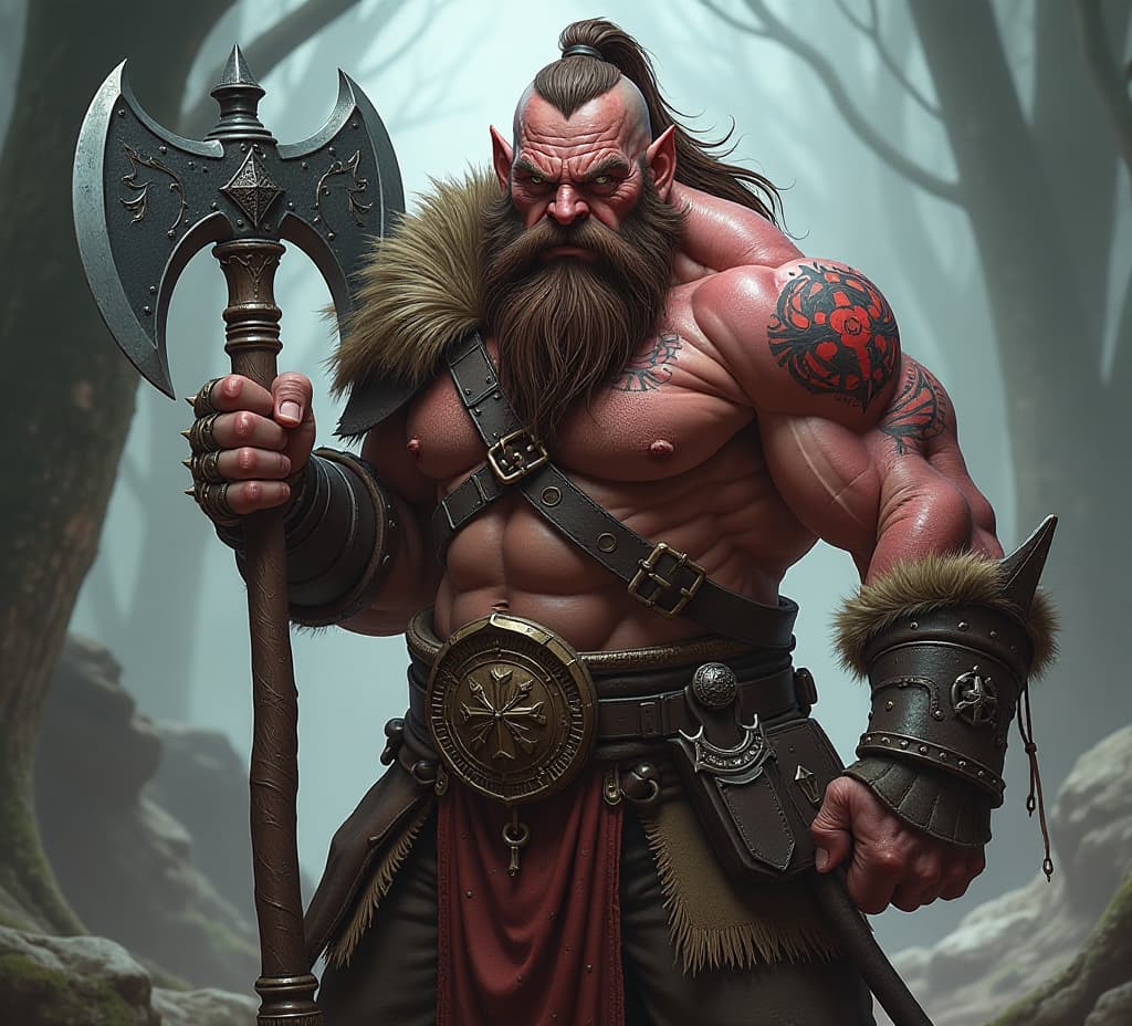  role playing game (rpg) style fantasy a battle scarred orc barbarian with a rugged beard wielding a great axe, detailed, vibrant, immersive, reminiscent of high fantasy rpg games, high details, good quality