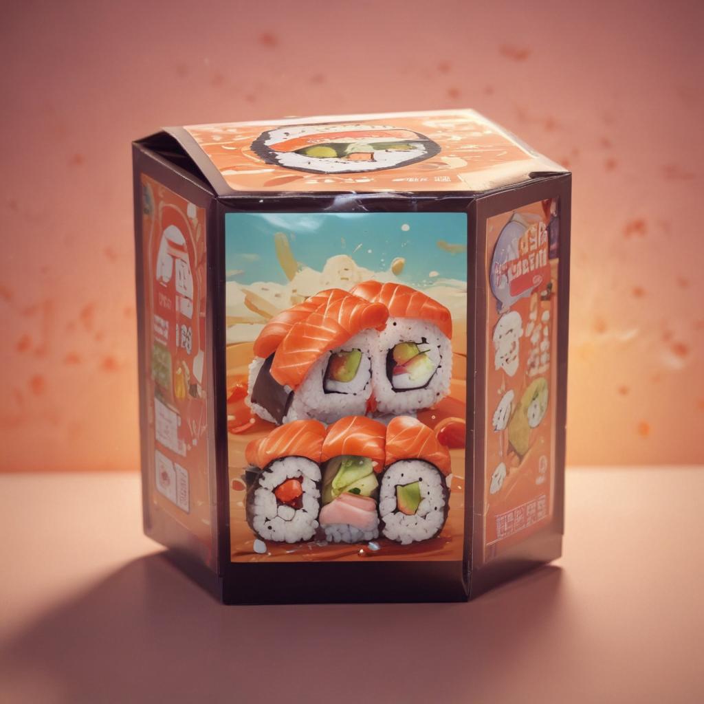 distance-shot, flashy, full-body, dynamic, holographic, animated cartoon poster of a take-out box of sushi in the style of dragon ball super