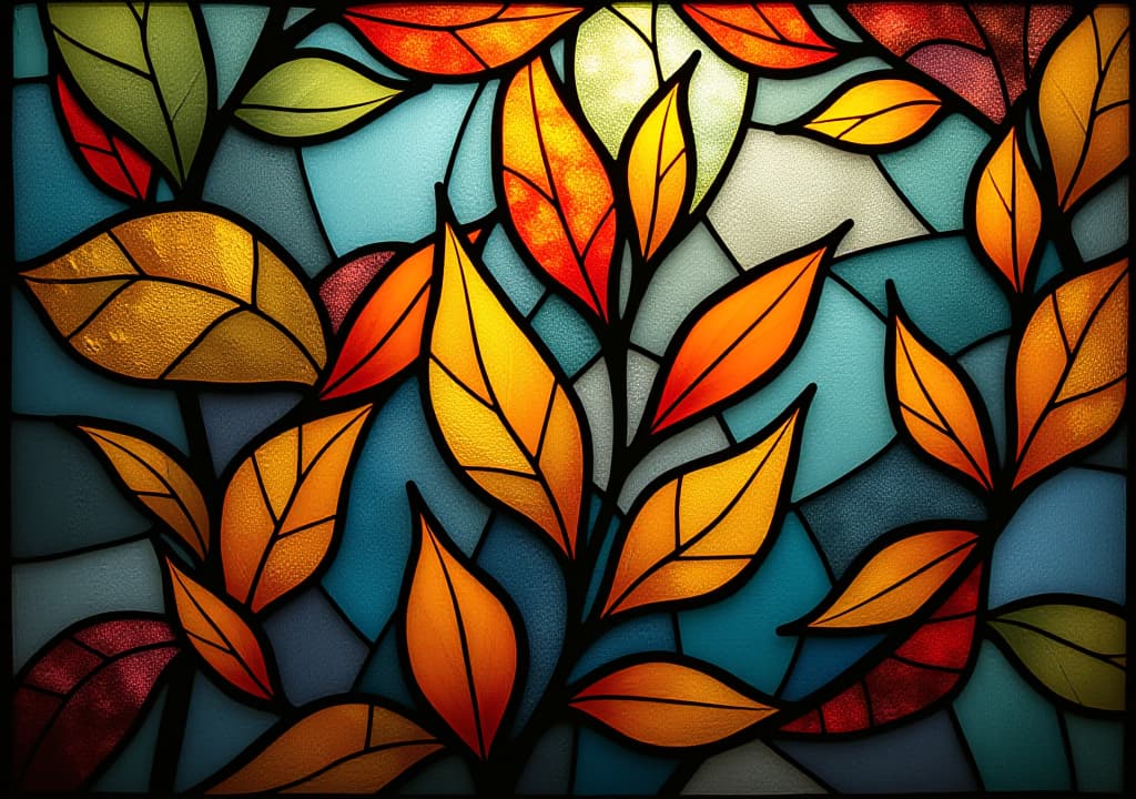  colorful abstract leaves adorning a stained glass window