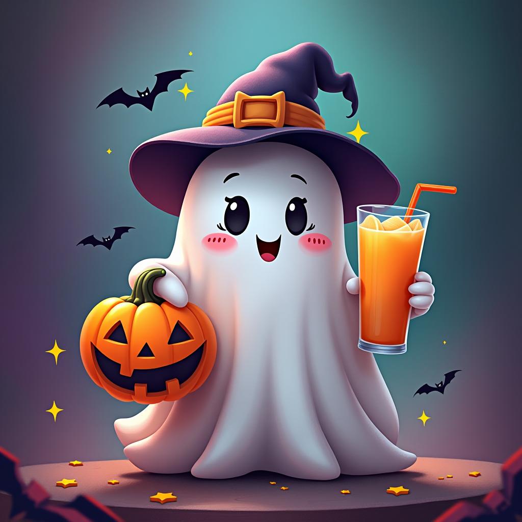  create a digital painting featuring a cute ghost character. the ghost should be wearing a hat. in one hand, the ghost should hold a pumpkin with a carved face, and in the other hand, a halloween themed drink. the background should be colorfull and include small black bats and stars to add a playful halloween touch. the overall style should be cute, whimsical, and colorful hyperrealistic, full body, detailed clothing, highly detailed, cinematic lighting, stunningly beautiful, intricate, sharp focus, f/1. 8, 85mm, (centered image composition), (professionally color graded), ((bright soft diffused light)), volumetric fog, trending on instagram, trending on tumblr, HDR 4K, 8K