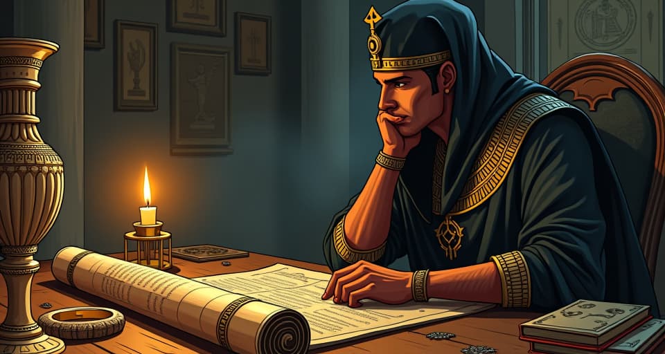  close up of a thoughtful figure, ancient scrolls and artifacts on a table before them, aura of contemplation, sense of elusive ambition. the style is digital art illustration / modern comic book / mysterious occult, symbolic, esoteric vibe,high detail on character design, incorporating ancient egyptian symbology and attire.