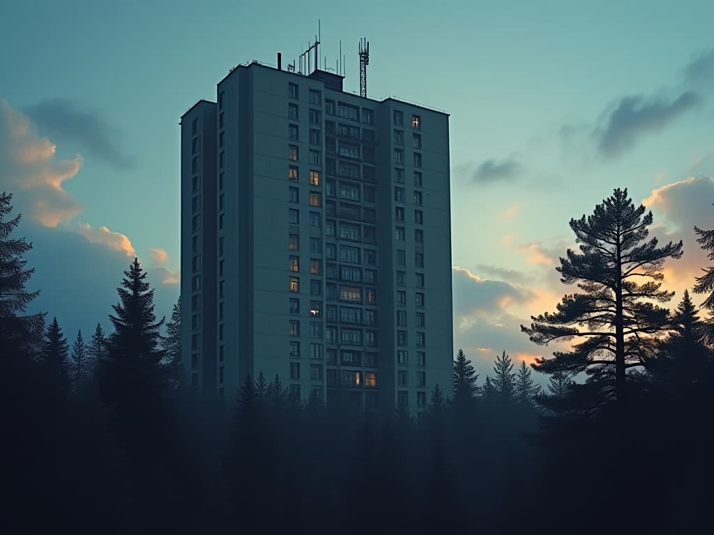  a tall building of a soviet research institute in the brutalist style of the 70s 80s, late in the summer evening in a dense pine forest, dim lights in some windows, antennas on the roof, isometric