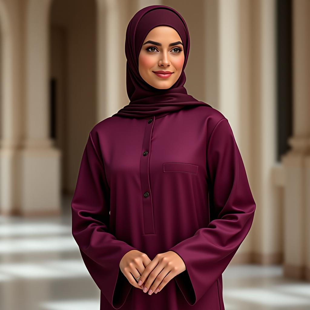  create an image of a woman wearing a slim fit abaya in a ceremonial setting, posed gracefully with long sleeves, a round neck, and a patch logo, made from lightweight, smooth finished silk fabric in a solid color of rich, deep plum (rgb(89,74,81)), featuring hook closures.