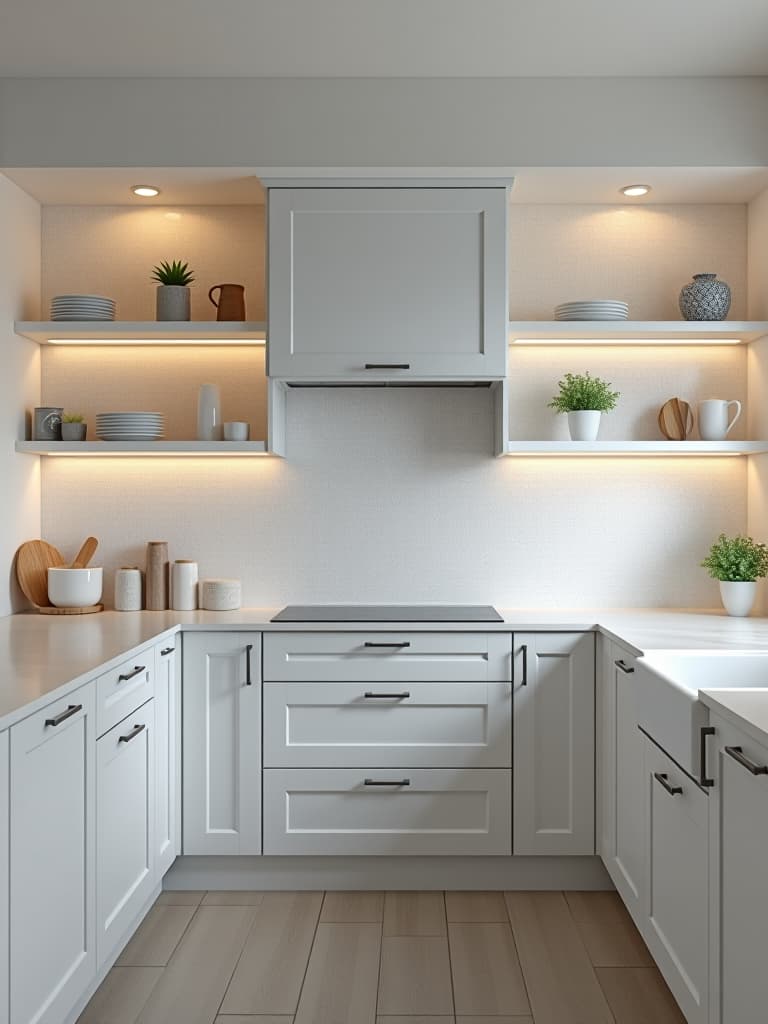  high quality portrait photo of a modern white kitchen featuring a bold geometric tile backsplash in shades of white and light gray, open shelving with minimalist decor, and sleek cabinet hardware hyperrealistic, full body, detailed clothing, highly detailed, cinematic lighting, stunningly beautiful, intricate, sharp focus, f/1. 8, 85mm, (centered image composition), (professionally color graded), ((bright soft diffused light)), volumetric fog, trending on instagram, trending on tumblr, HDR 4K, 8K