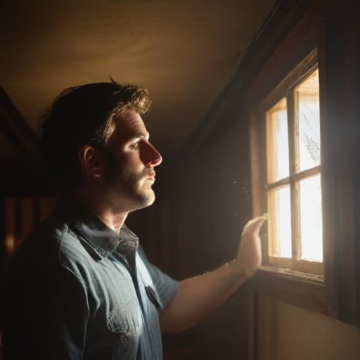 A photo of a professional vent cleaner meticulously inspecting a dusty vent in a dimly lit attic during the late afternoon with streams of golden sunlight piercing through the cobweb-covered windows, casting a warm glow on the worker's determined face.