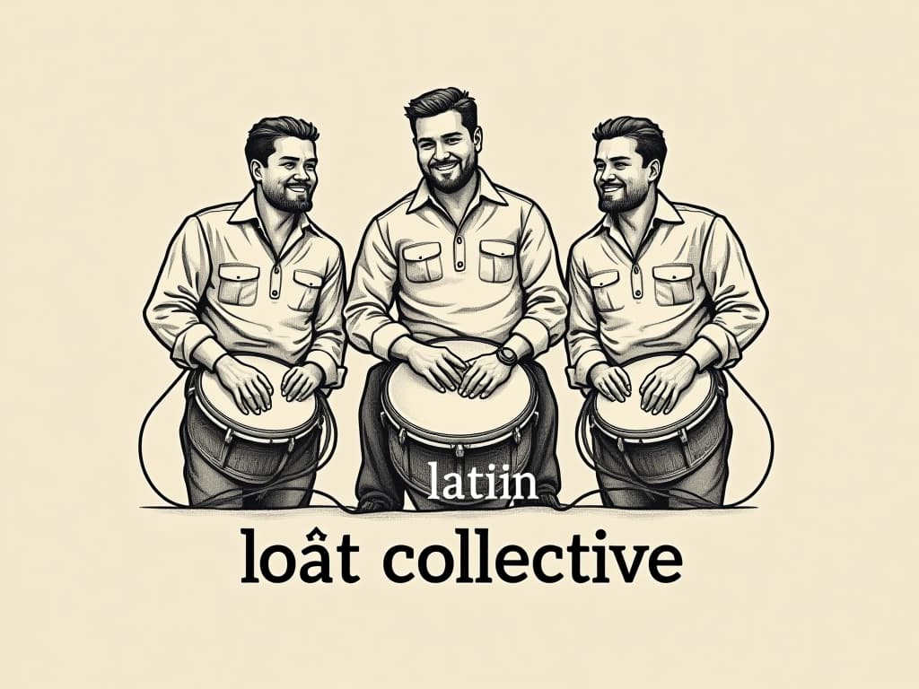  design a logo, in a pencil style. 3 hombres con tambores, microfono, cables , with the text 'latín beat collective '.