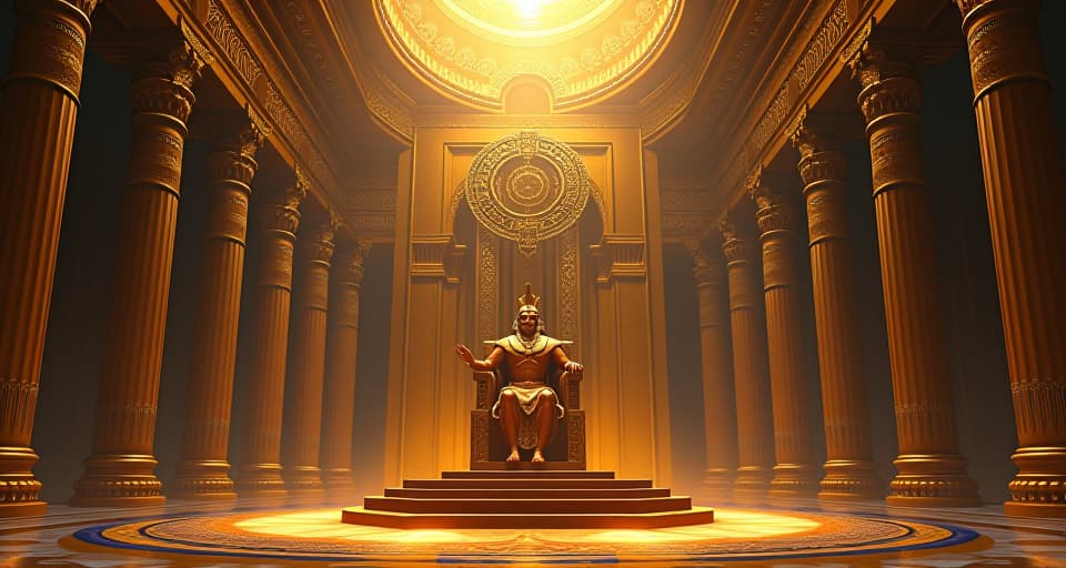  a colossal, shimmering throne room with intricate golden designs, an imposing kings' throne at the center, symbolizing destined greatness. the style is digital art illustration / modern comic book / mysterious occult, symbolic, esoteric vibe,high detail on character design, incorporating ancient egyptian symbology and attire.