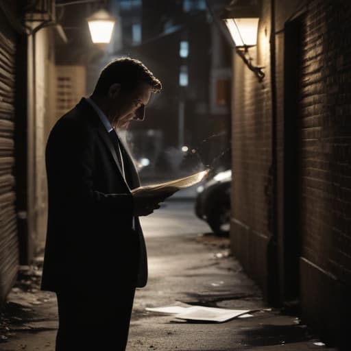 A photo of a determined looking car accident attorney reviewing case files at the scene of a collision in a dimly lit alleyway during early evening with a single overhead streetlamp casting a dramatic light and shadow play on the papers spread out in front of them.