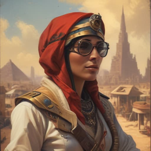 Dieselpunk Egypt in Oil painting style with City background