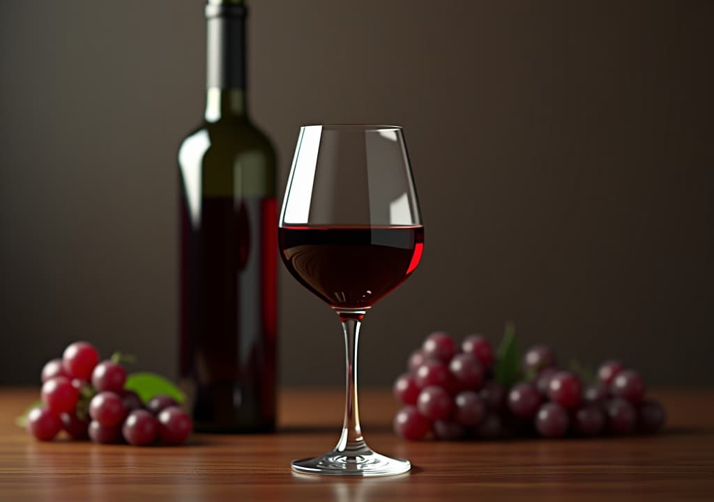  glass of red wine next to a wine bottle, 4k hyperrealistic photo