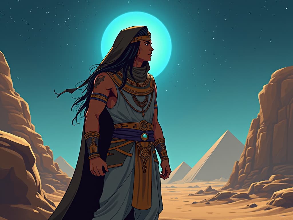  an explorer in ancient attire, surveying the world, feeling the power, aura of self awareness and potential. the style is digital art illustration / modern comic book / mysterious occult, symbolic, esoteric vibe,high detail on character design, incorporating ancient egyptian symbology and attire.