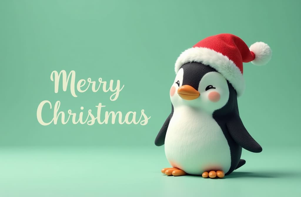  epic realistic, hyperdetailed, (cycles render:1.3), caustics, (glossy:0.58), (artstation:0.82),cheerful baby penguin in a red santa hat is located in the middle, next to a beautiful, medium font it says “merry christmas” on a light pastel green background ar 3:2