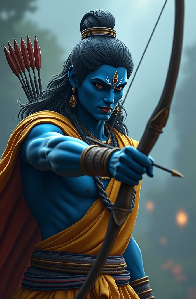  abstract 2d illustration of blue skinned lord rama with bow and arrow hyperrealistic, full body, detailed clothing, highly detailed, cinematic lighting, stunningly beautiful, intricate, sharp focus, f/1. 8, 85mm, (centered image composition), (professionally color graded), ((bright soft diffused light)), volumetric fog, trending on instagram, trending on tumblr, HDR 4K, 8K