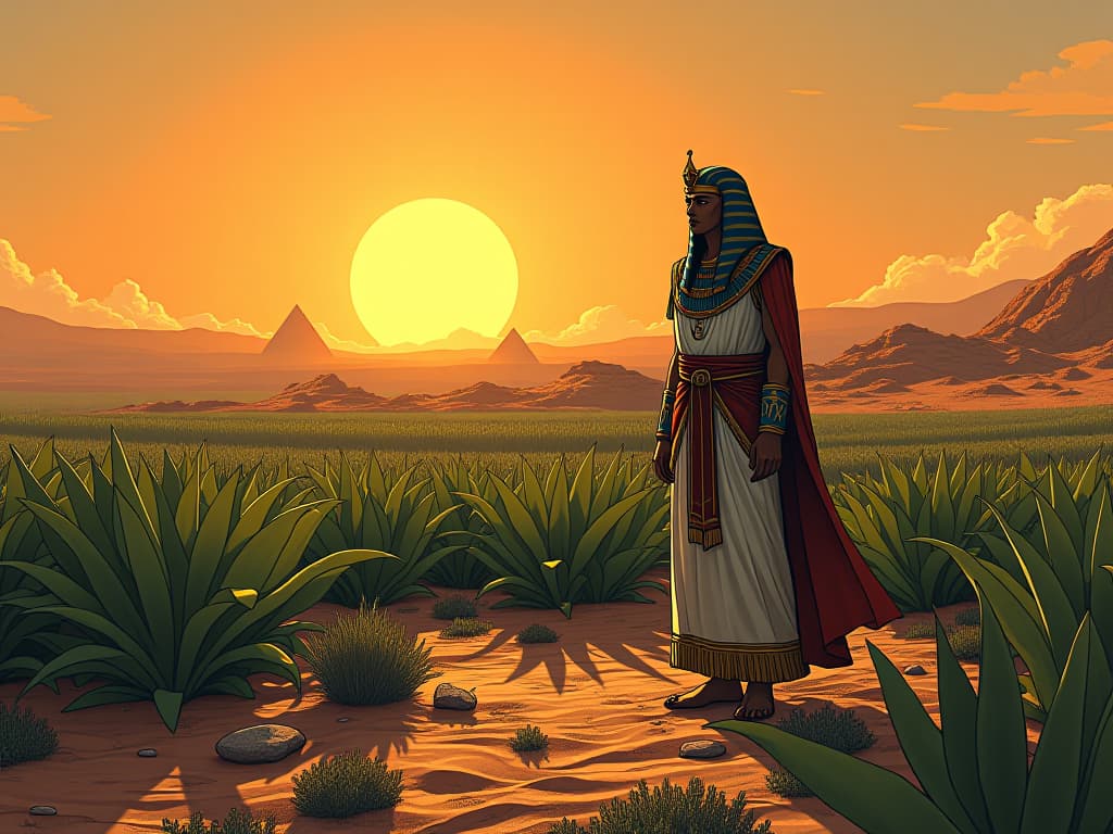  garden visibly suffering, with only a single type of crop, wilting under the intense desert sun, symbolizing over reliance on a single investment. the style is digital art illustration / modern comic book / mysterious occult, symbolic, esoteric vibe,high detail on character design, incorporating ancient egyptian symbology and attire.