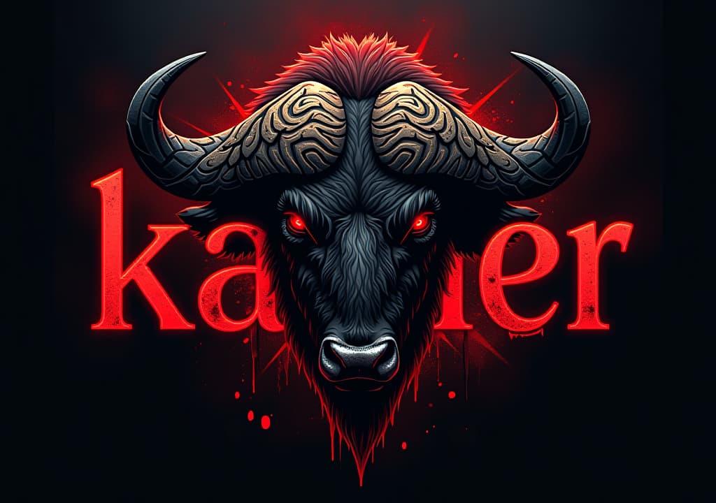  a dark art, street style logo with typography text "kacher", rock feeling, vintage, background is a evil buffalo, red eyes, bloody, low contrast, low saturation, cinematic lightinghyper detail, intricate details, sharp focus, high resolution, 8k, ultra detailed, vib