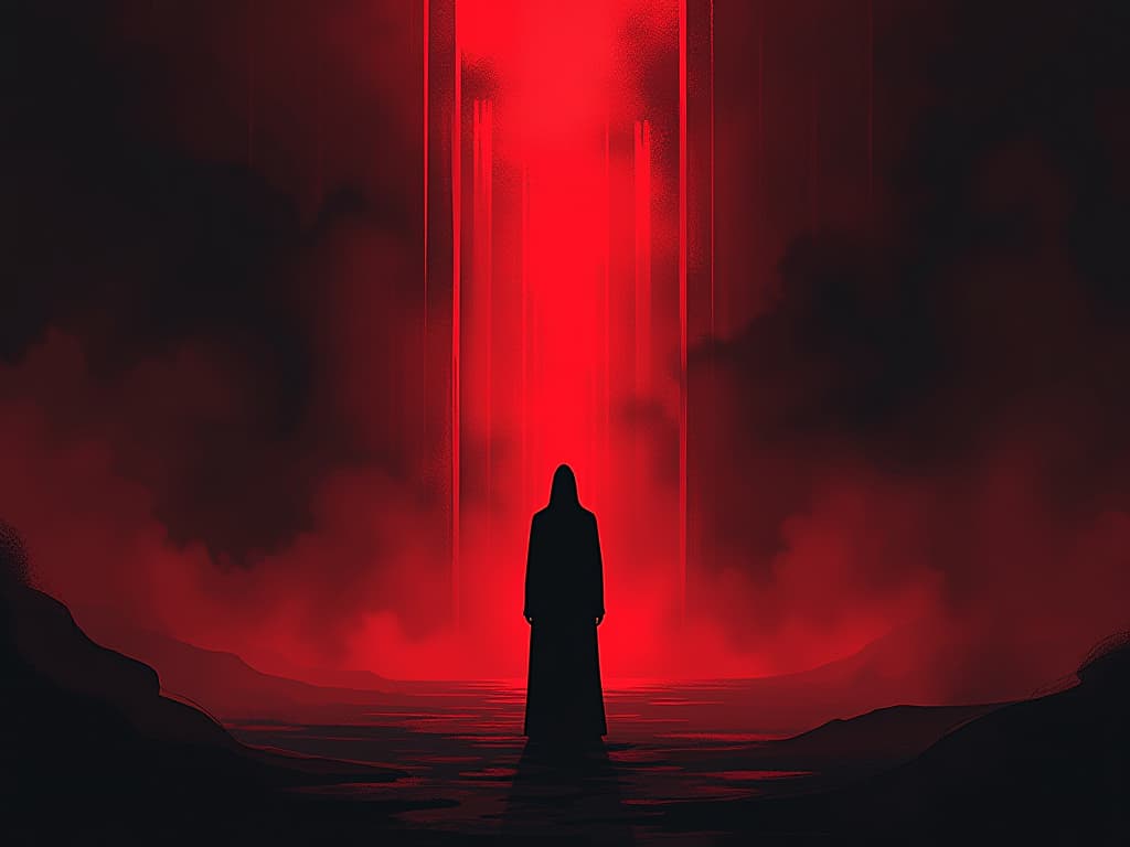  figure standing in serene silence, taking in the stillness, mood of contemplative solitude. the style is digital art illustration / modern comic book / graphic dark novel fantasy and mysterious occult, symbolic, moody lighting, esoteric vibe,high detail on character design. for the color scheme emphasize blacks and reds.