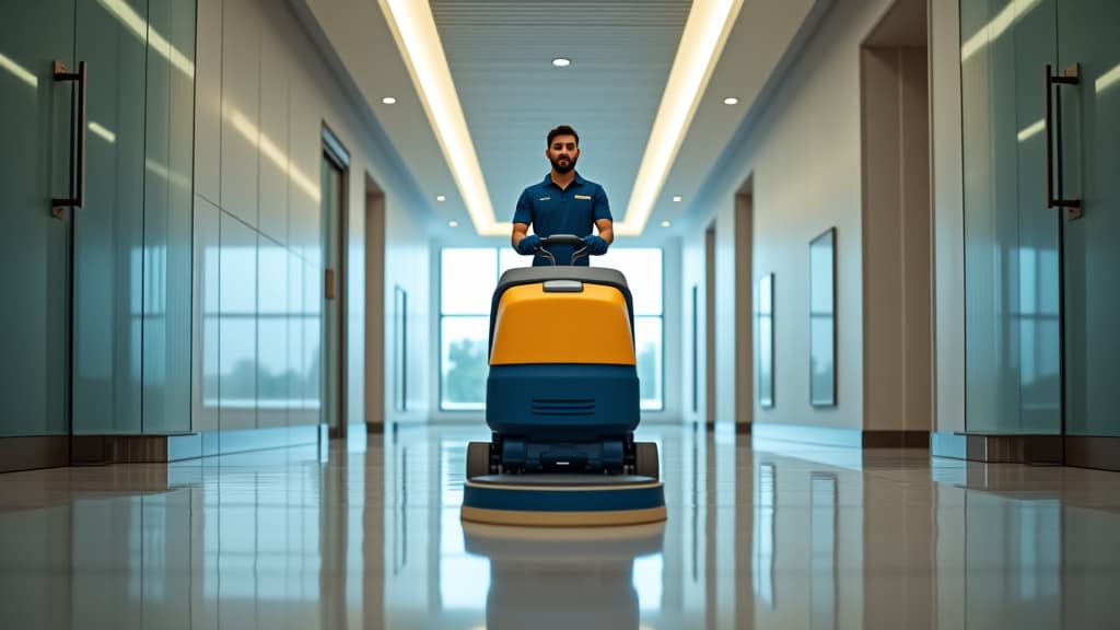  professional janitorial staff using an industrial floor buffer machine for cleaning and polishing the hallway of a modern corporate or commercial building, high quality, high details, hd, perfect composition, 4k epic detailed, highly detailed, sharp focus, high resolution