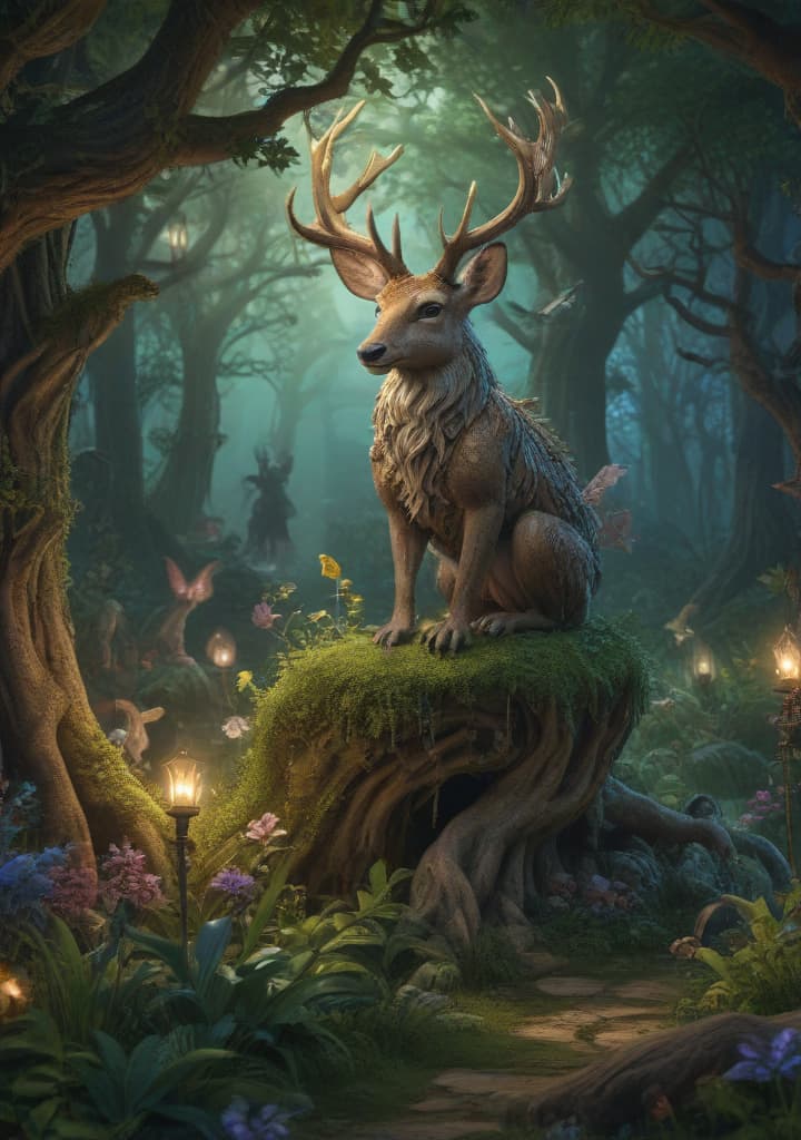 Design a whimsical fantasy wallpaper with magical creatures in an enchanted forest. highly detailed,studio lighting,professional,vivid colors, cinematic lighting, HDR, UHD, 4K, 8k, 64K