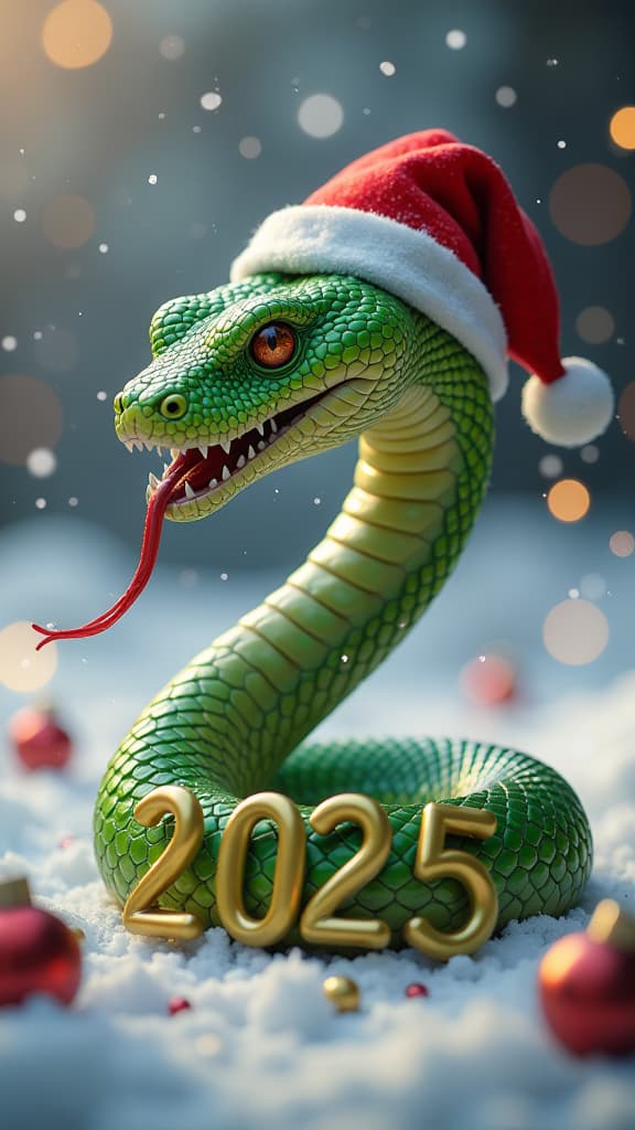  epic realistic, hyperdetailed, (cycles render:1.3), caustics, (glossy:0.58), (artstation:0.82),a green snake with its tongue hanging out in a new year's cap, large in the center and under it the inscription "2025", a snowy background with golden bokeh, all this in a frame of new year's toys