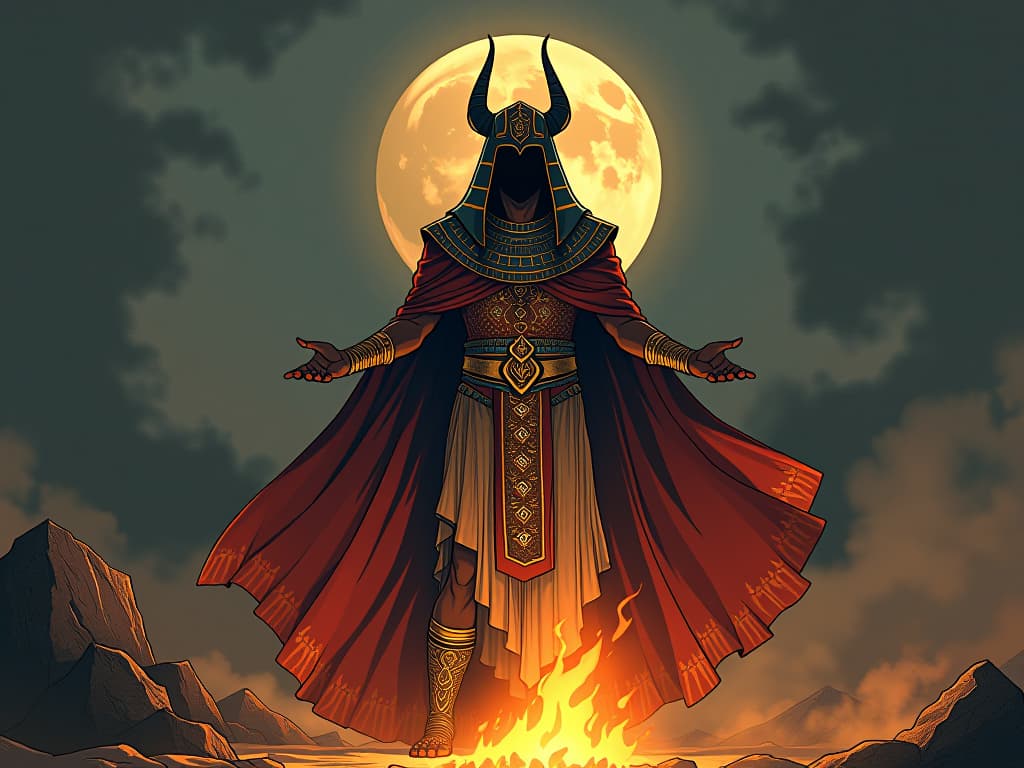  ancient egyptian high priest in elaborate robes, performing a ritual before a sacred fire, full moon in the background, sacred energy in the air. the style is digital art illustration / modern comic book / mysterious occult, symbolic, esoteric vibe,high detail on character design, incorporating ancient egyptian symbology and attire.