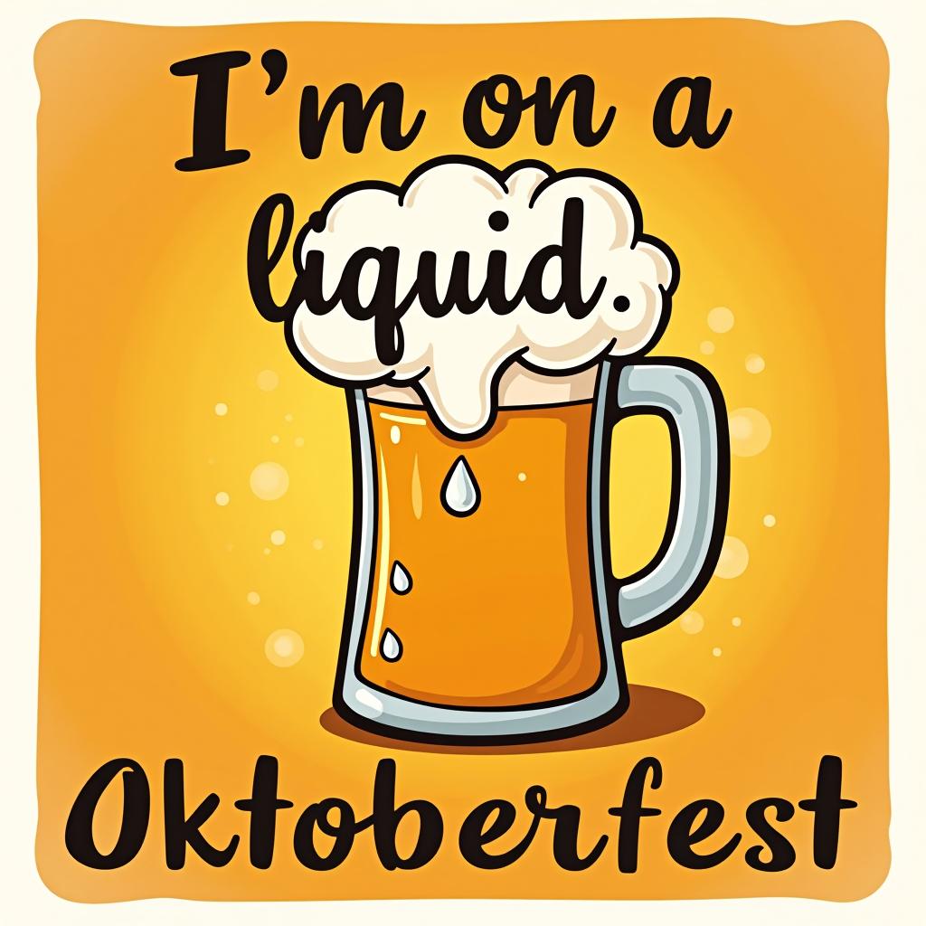  humorous 'i'm on a liquid diet.' in wavy font with a cartoon beer mug and beer bubbles background. place the word oktoberfest at the bottom of the image