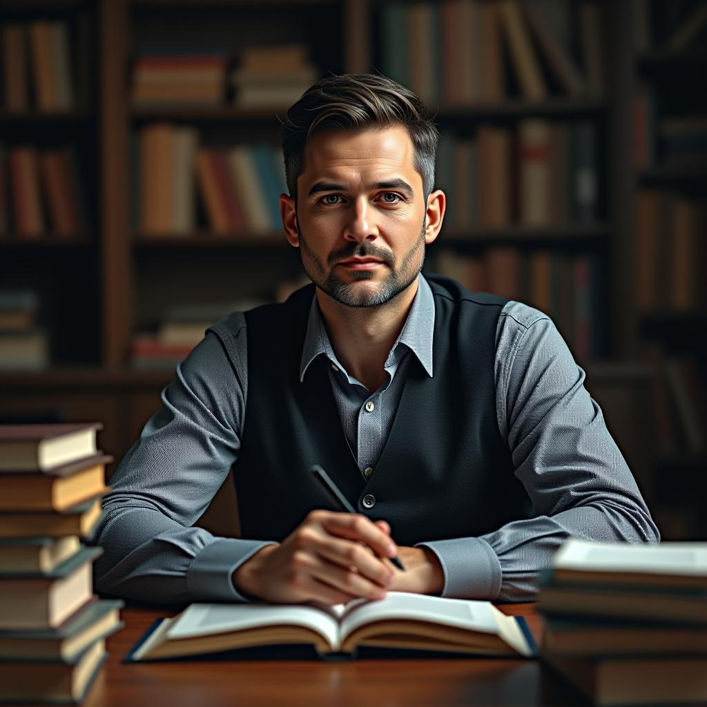  a realistic picture of a high resolution, a portrait, a stack of books and a table, an office, a literary creativity of a modern mature male image and symbol, a progressive style hyperrealistic, full body, detailed clothing, highly detailed, cinematic lighting, stunningly beautiful, intricate, sharp focus, f/1. 8, 85mm, (centered image composition), (professionally color graded), ((bright soft diffused light)), volumetric fog, trending on instagram, trending on tumblr, HDR 4K, 8K