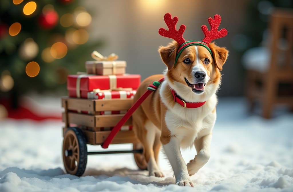  a dog pulling a wooden cart filled with christmas presents. the dog is wearing a colorful headband with reindeer antlers, giving it a festive look. the dog is walking from right to left. in the background is a blurred christmas tree, creating a festive atmosphere. to the left of the dog, there is a lot of free christmas background, allowing you to add text or other elements. sunny holiday {prompt}, maximum details