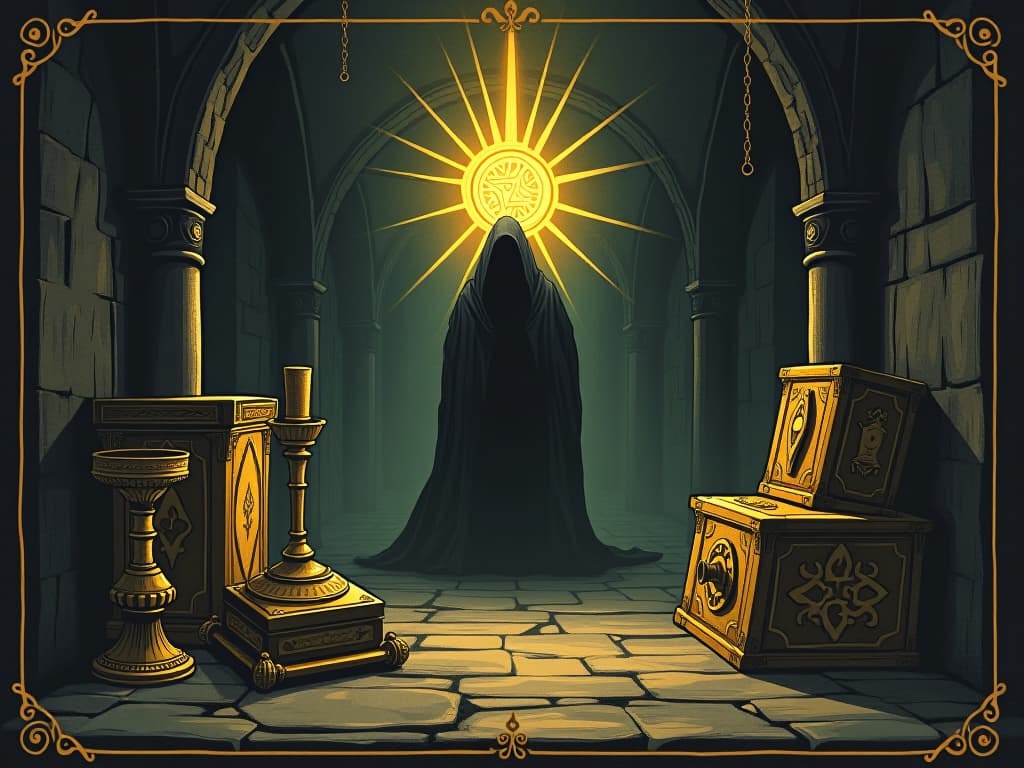  golden relics, emanating dark radiance, subtle but potent negative force, shadowy hall, unsettling presence. an illustration in the style of a worn, mystical old tarot trump card, mysterious and elements of surrealism. the colors are muted, somber and eerie, but with contrast bring out an occult and esoteric vibe.