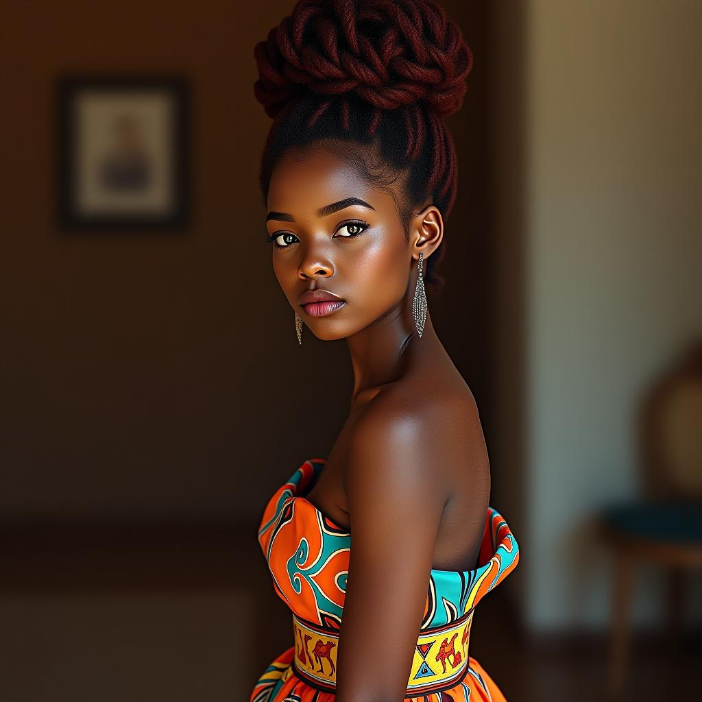  a girl with rich mahogany skin and tightly coiled, dark auburn hair styled in a high puff. her eyes are a deep, soulful brown, and she wears bold, geometric earrings. she is clad in a vibrant, patterned maxi dress that flows elegantly around her, with a wide, colorful belt cinching her waist. hyperrealistic, full body, detailed clothing, highly detailed, cinematic lighting, stunningly beautiful, intricate, sharp focus, f/1. 8, 85mm, (centered image composition), (professionally color graded), ((bright soft diffused light)), volumetric fog, trending on instagram, trending on tumblr, HDR 4K, 8K