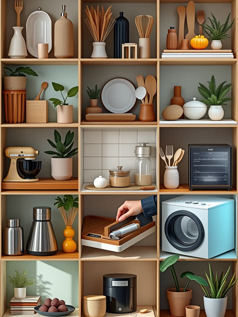  high quality portrait photo of a collage of budget friendly kitchen accessories and appliances from various brands, arranged in a visually appealing grid layout hyperrealistic, full body, detailed clothing, highly detailed, cinematic lighting, stunningly beautiful, intricate, sharp focus, f/1. 8, 85mm, (centered image composition), (professionally color graded), ((bright soft diffused light)), volumetric fog, trending on instagram, trending on tumblr, HDR 4K, 8K