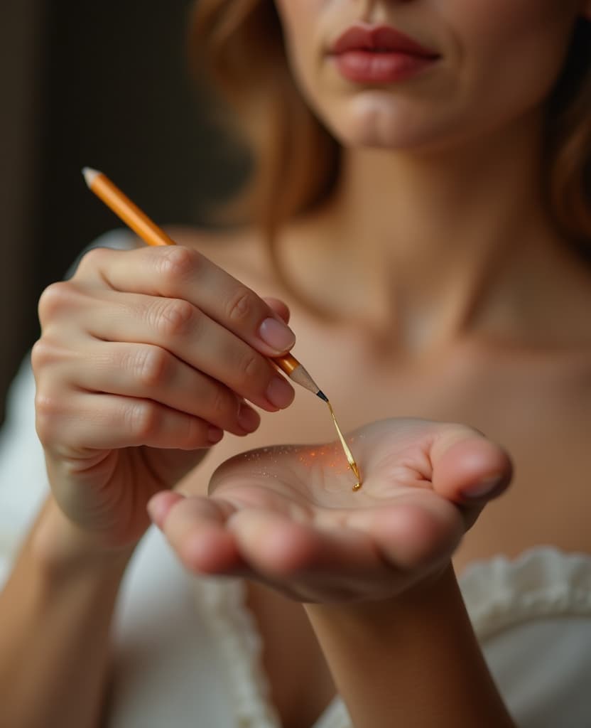  hdr photo of a woman applies a small amount of perfume to her wrist, hands, small pencil, application, close up . high dynamic range, vivid, rich details, clear shadows and highlights, realistic, intense, enhanced contrast, highly detailed