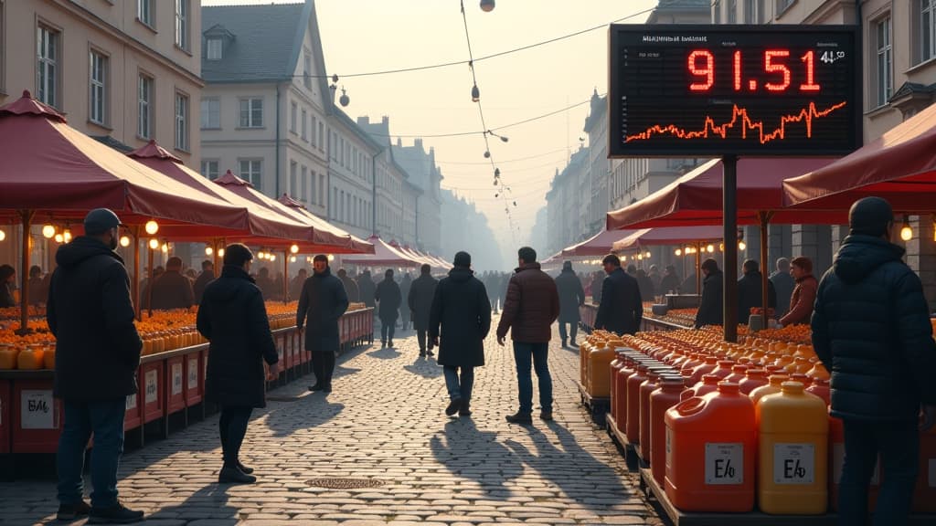  prompt: create an ultra realistic image depicting a detailed and intricate market scene in main taunus district, germany, showcasing the fluctuating prices of heating oil. the composition should feature a bustling market square with vendors selling large containers of heating oil labeled with the current price of 91.51 euros for 100 liters. display a prominent digital display board showing historical price trends, with a graph illustrating the recent price development. include a diverse crowd of